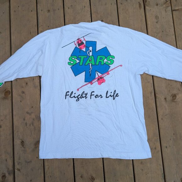 Vintage STARS Flight For Life Long Sleeve Tee - White Graphic Shirt L/G - Picture 4 of 8
